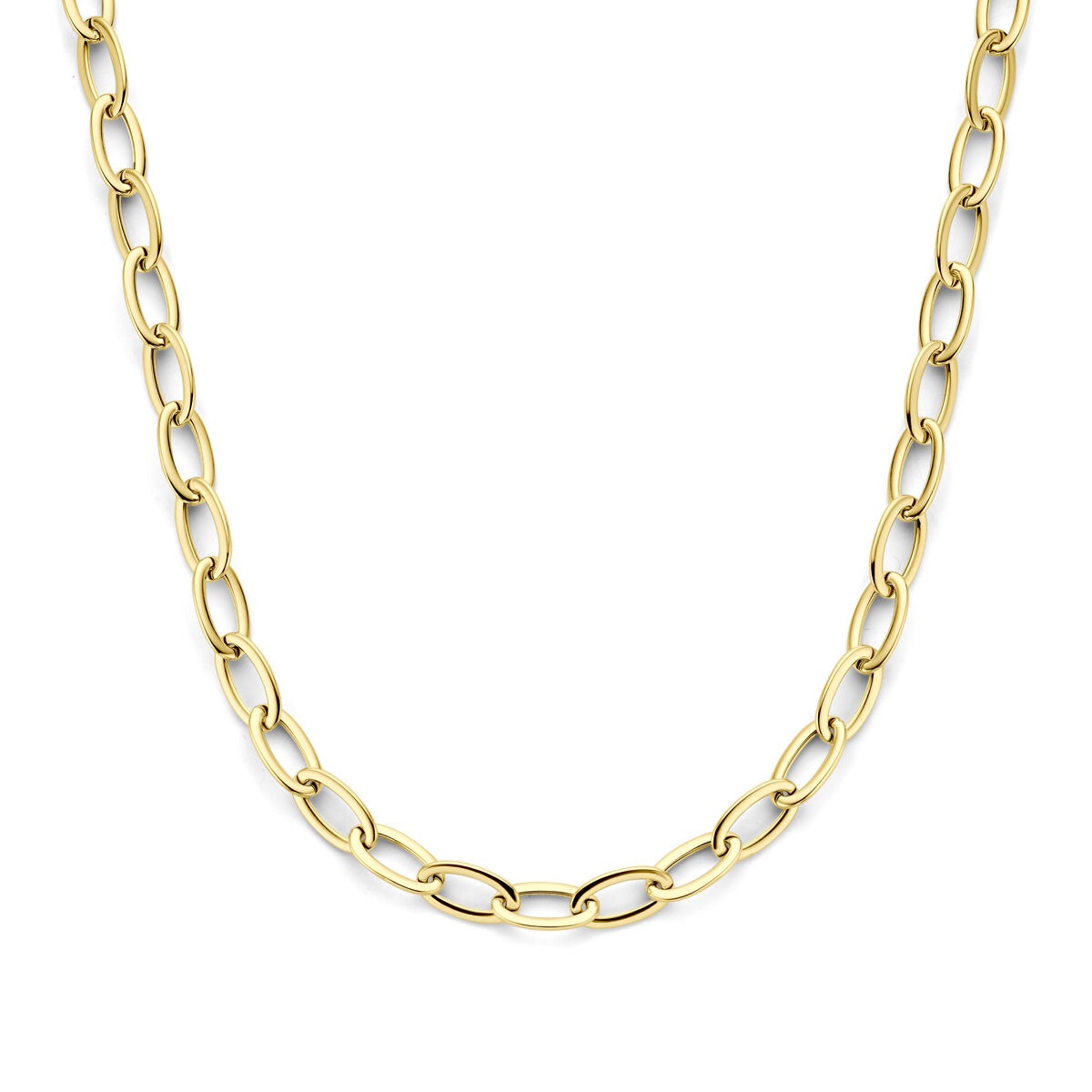 Collana in oro giallo 14k con chiusura a moschettone e maglie ad anello.