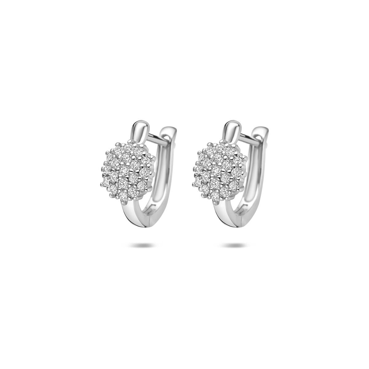 Orecchini alla creola in argento rodiato con zirconi, forma rotonda e finitura lucida.