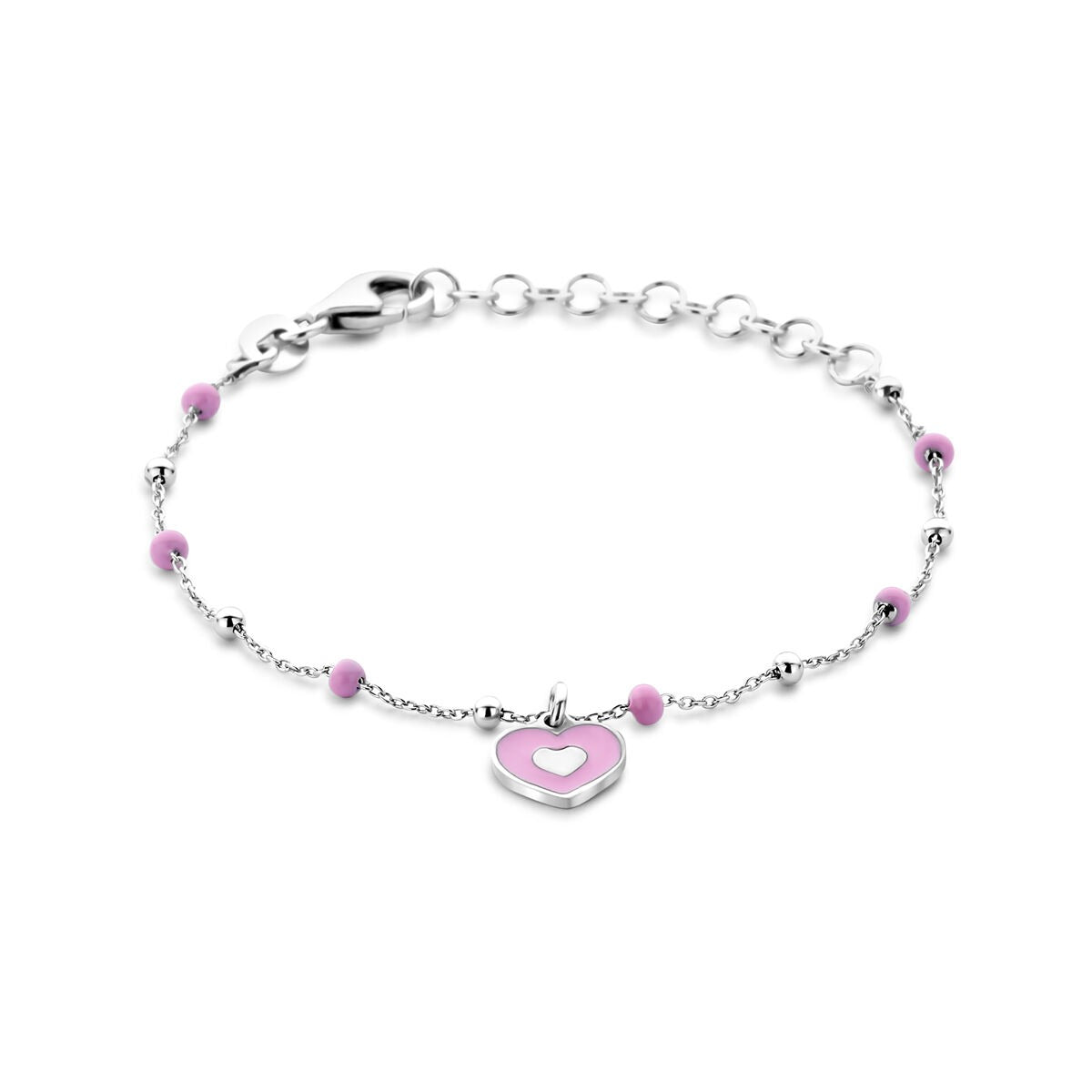 Zilveren baby armband van 13 + 3 cm met een hartje en paarse kralen.