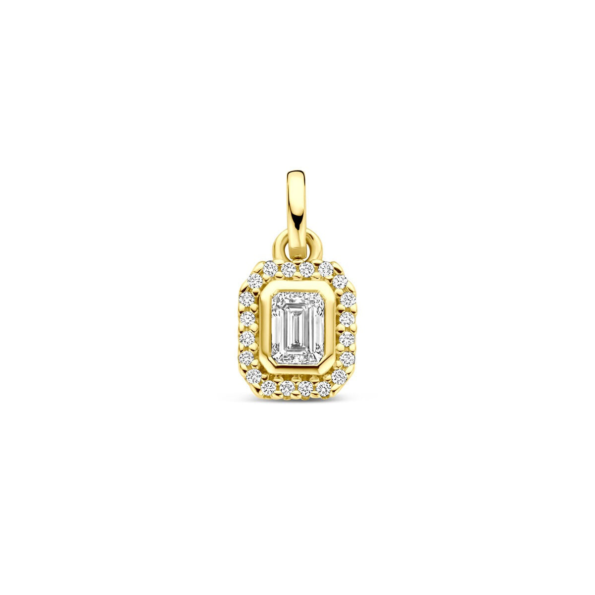 Ciondolo in oro giallo 14k con diamante taglio smeraldo al centro, incastonato in un contorno di diamanti.