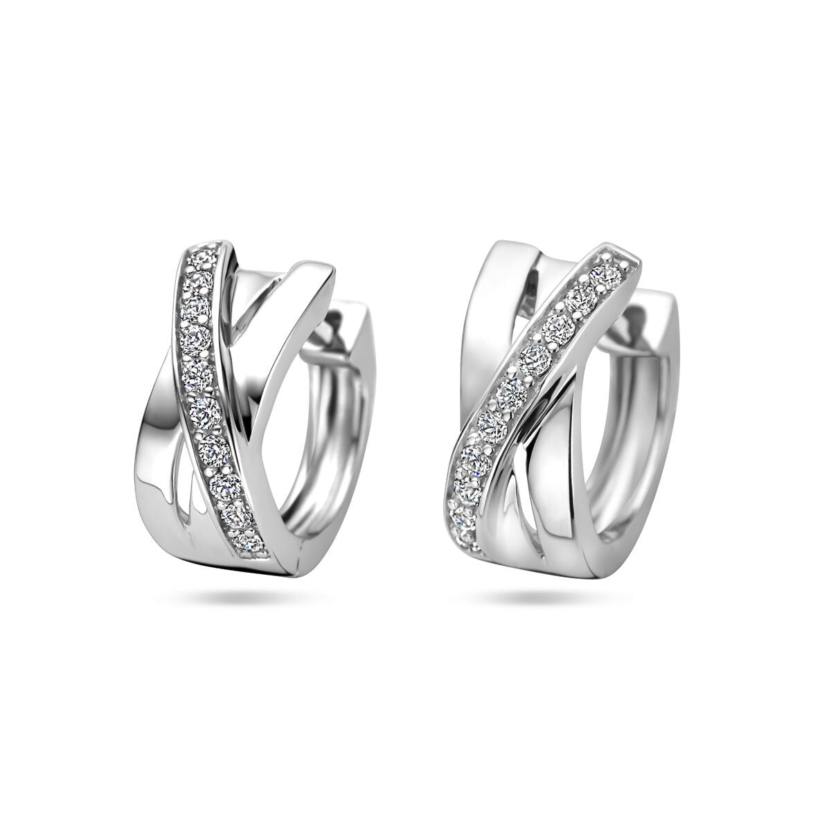Orecchini alla creola in argento rodiato 925 con zircone, design intrecciato.