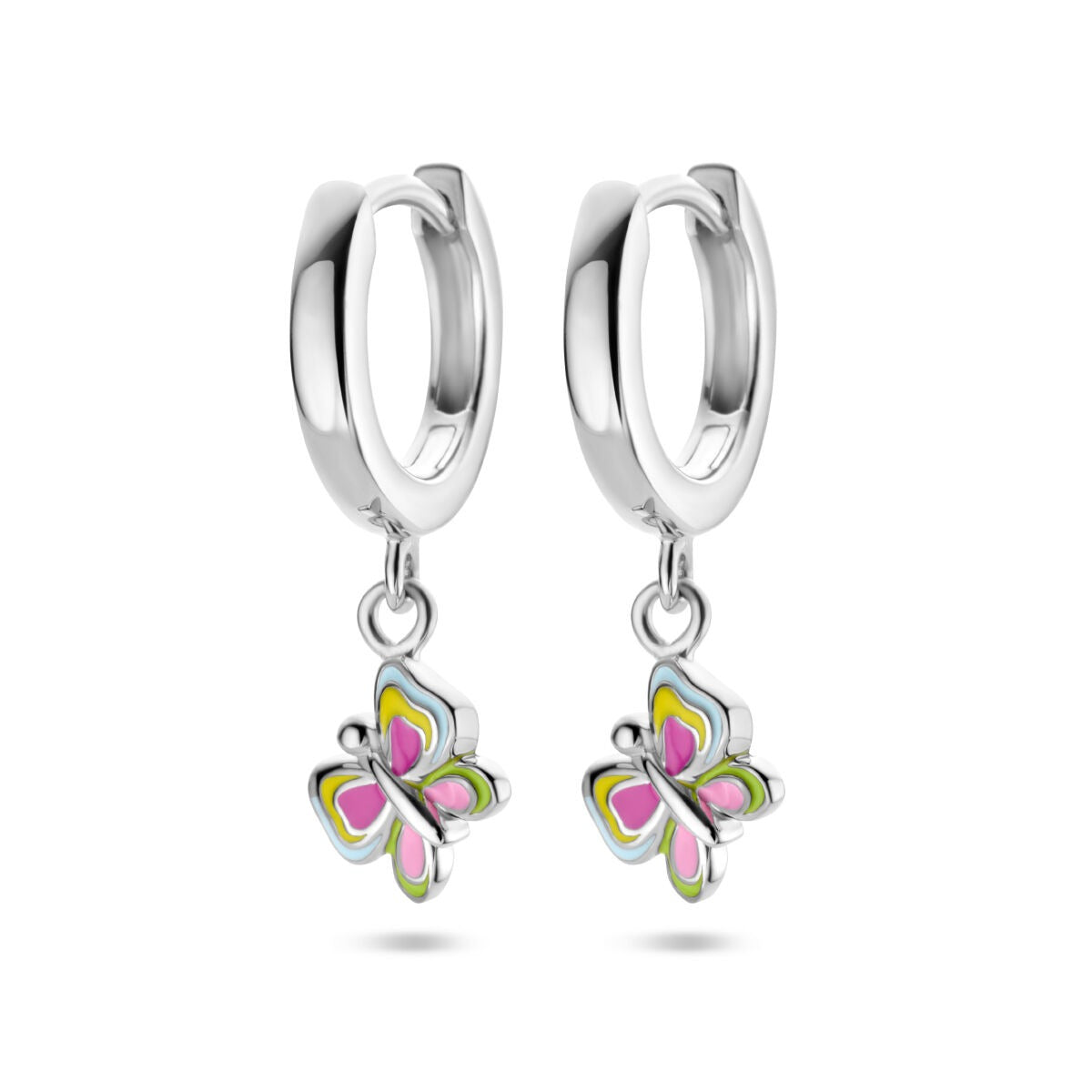Orecchini pendenti a catena in argento con farfalla colorata in smalto.
