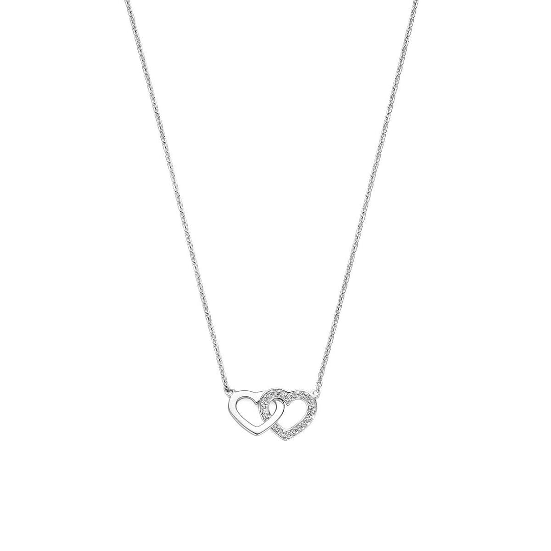 Gerhodineerd 925 zilveren collier met twee hartjes en zirkonia
