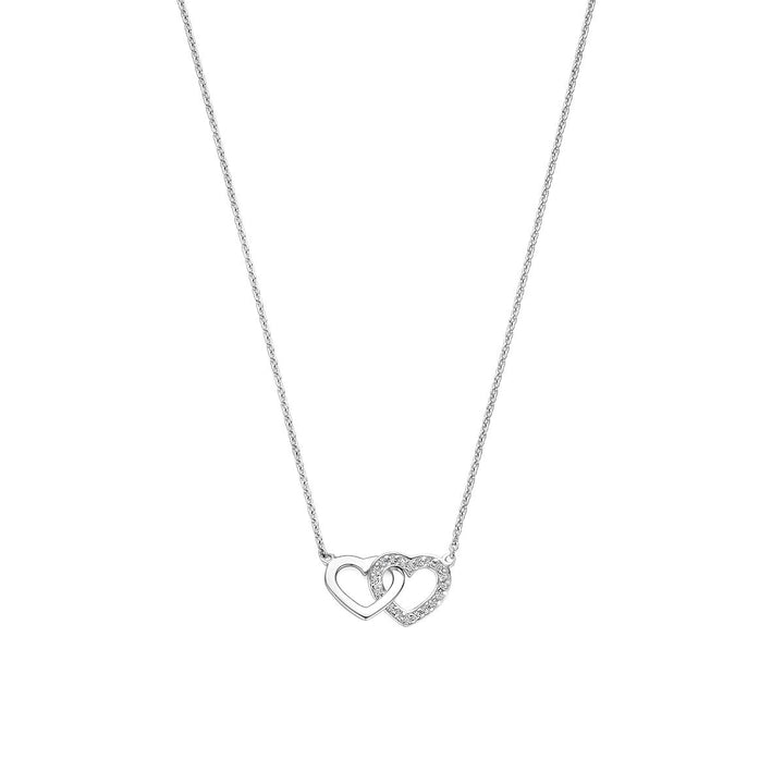 Gerhodineerd 925 zilveren collier met twee hartjes en zirkonia
