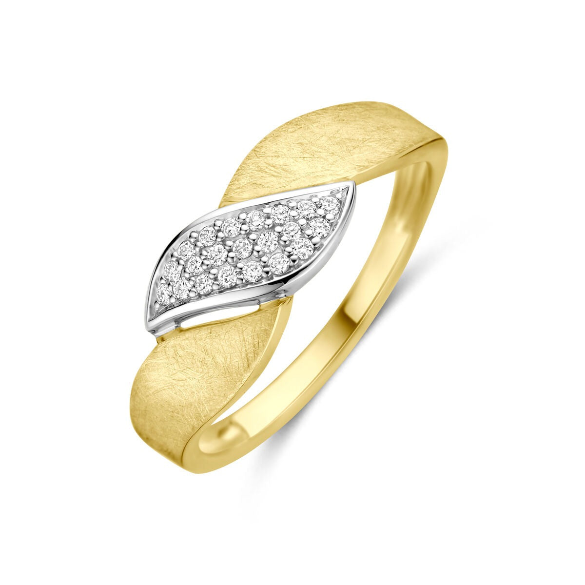 Anello bicolore in oro giallo e bianco con finitura opaca e brillante, decorato con diamanti da 0,08 ct.