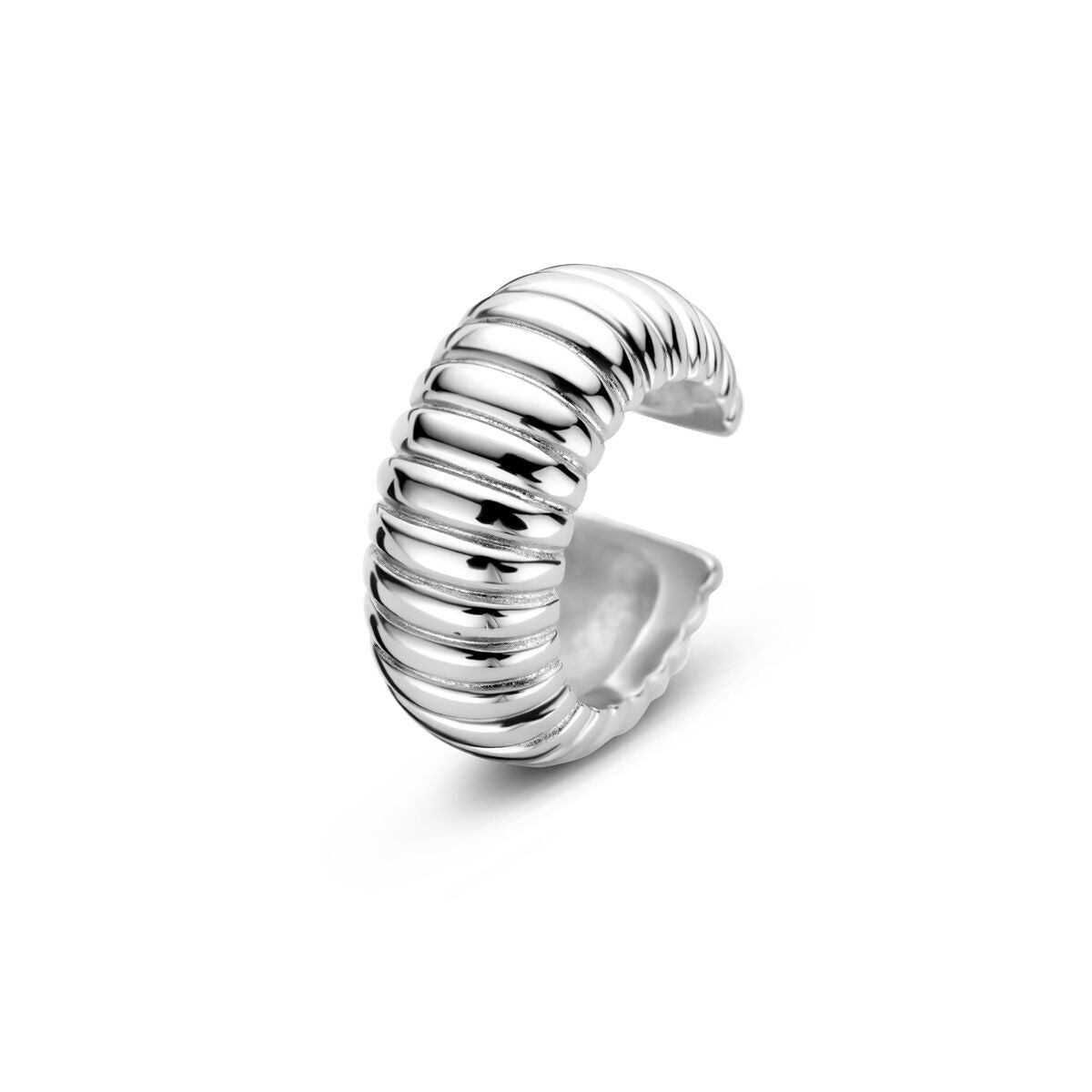 Orecchino cuff in argento rodiato con design ondulato e finitura lucida.
