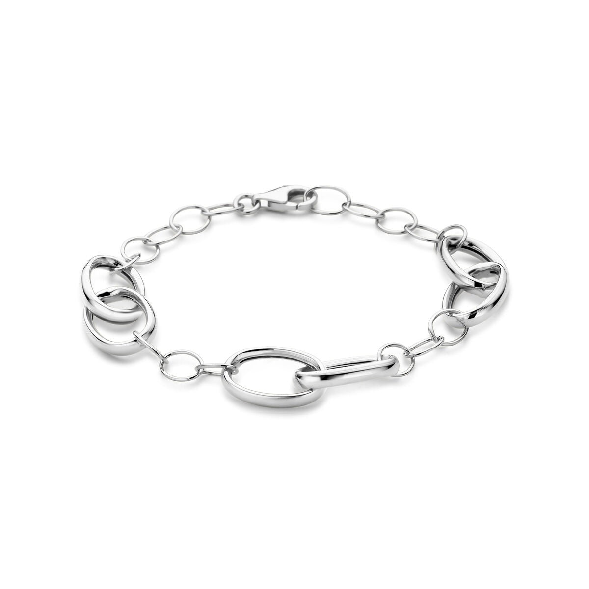 Zilveren gerhodineerde armband met brede anker schakels van 11 mm en een lengte van 19 cm.