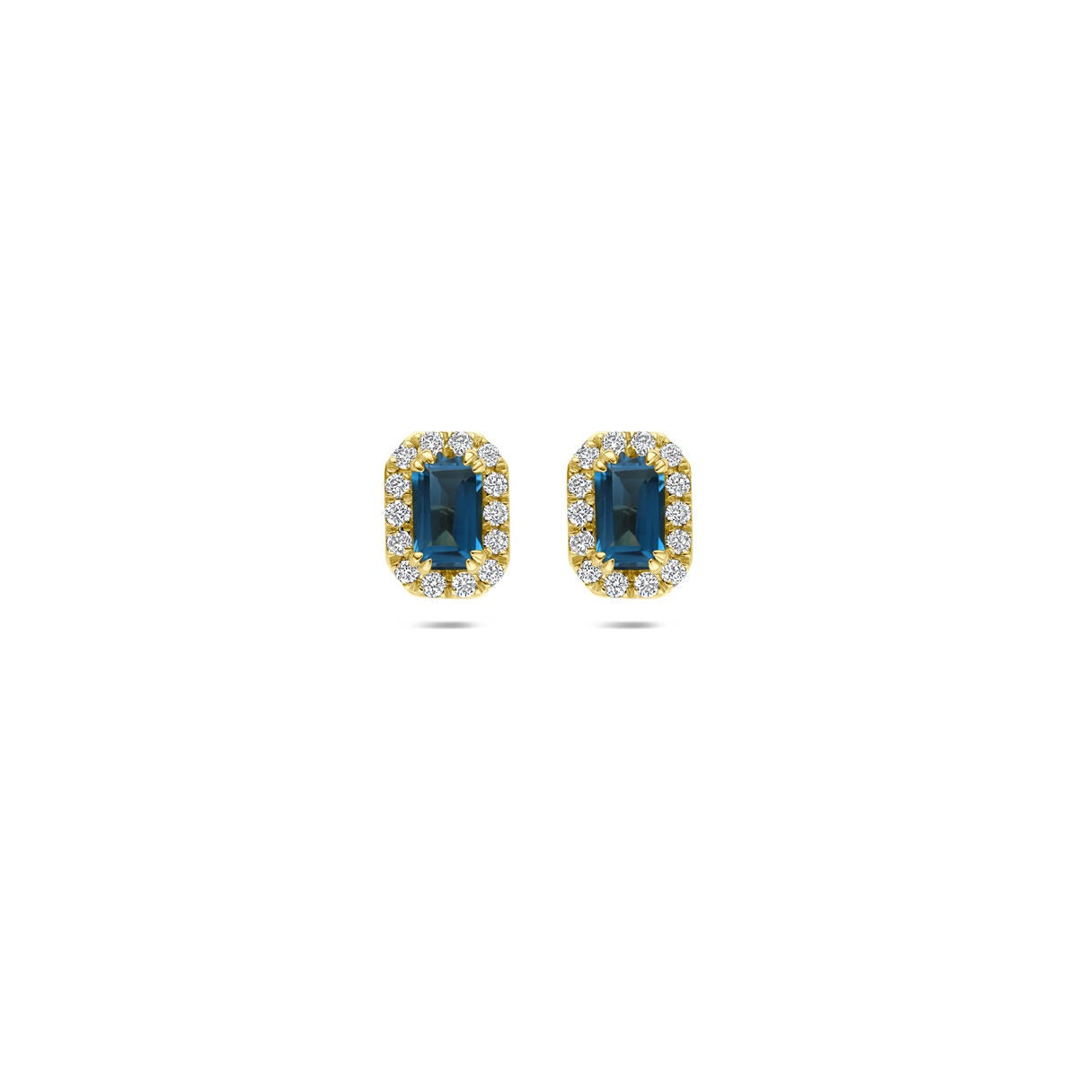 Orecchini in oro giallo 14k con topazio blu di Londra e diamanti lab-grown.
