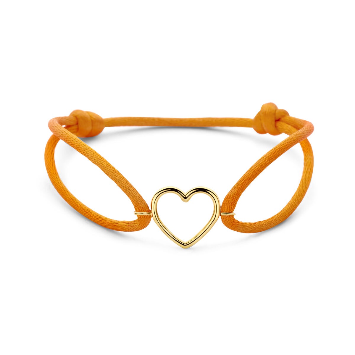 Bracciale in raso arancione con cuore in oro giallo 14k, design vivace e affettuoso.