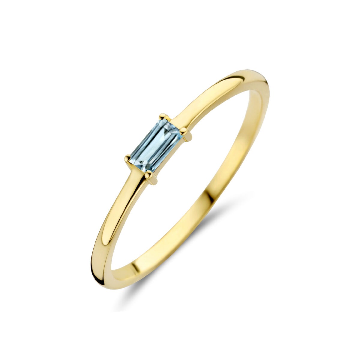 Anello in oro giallo 14k con acquamarina taglio baguette.