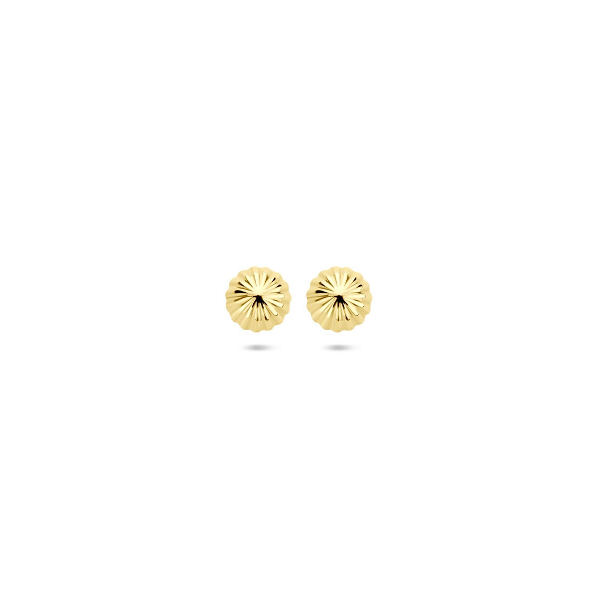 Orecchini a bottone in oro giallo 14k, forma sferica, diametro 5mm, con texture incisa.