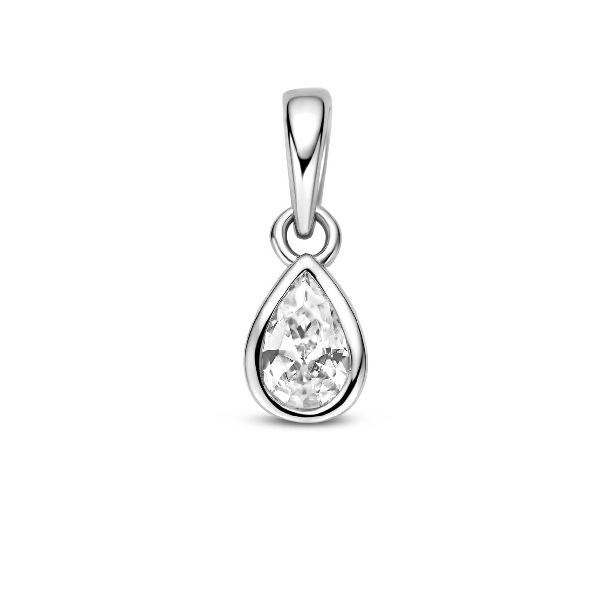 Ciondolo in argento 925 rodiato con zircone a forma di pera.