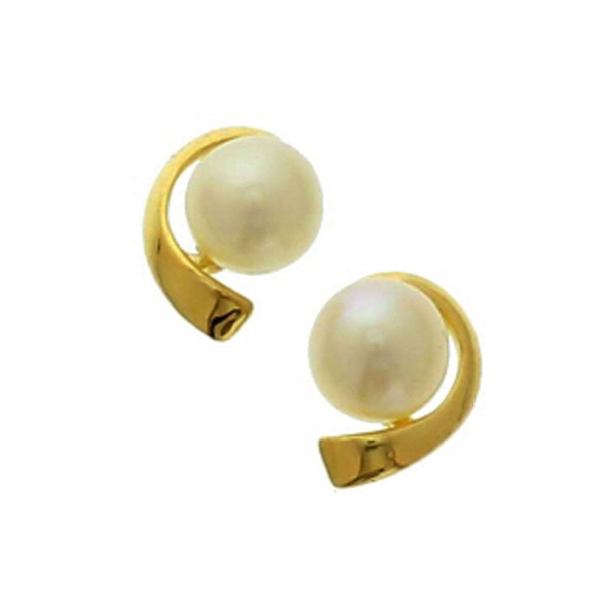 Orecchini in oro giallo con perla di acqua dolce, design curvo e lucido.
