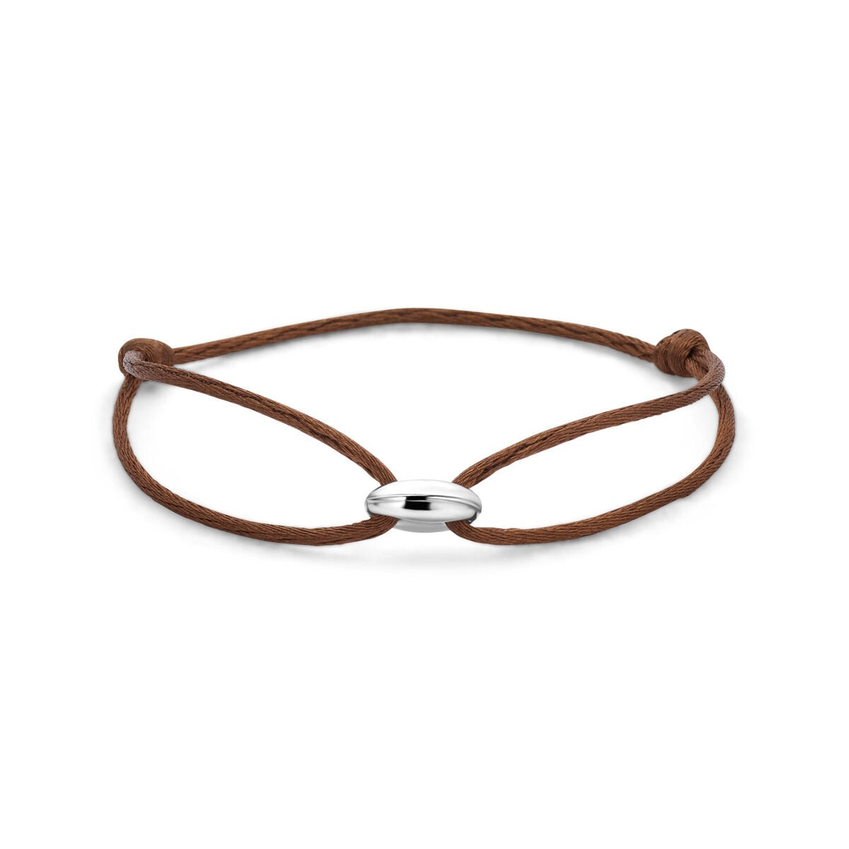 Bracciale in satin marrone con una perlina argentata a forma di chicco di caffè.