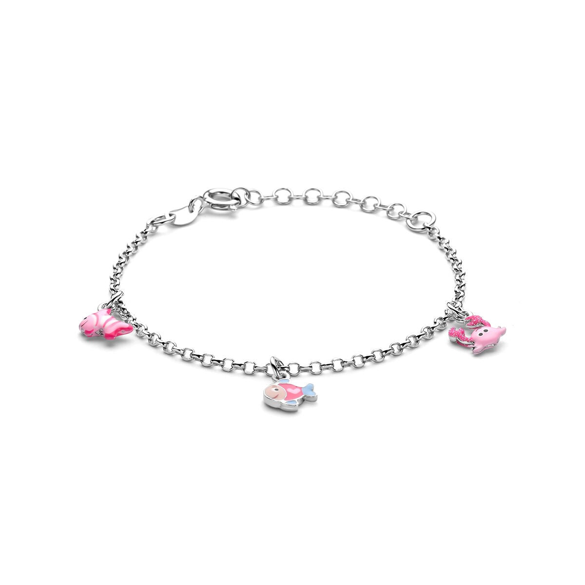 Zilveren kinderarmband van gerhodineerd 925 zilver met kleurrijke zeedierenbedels.