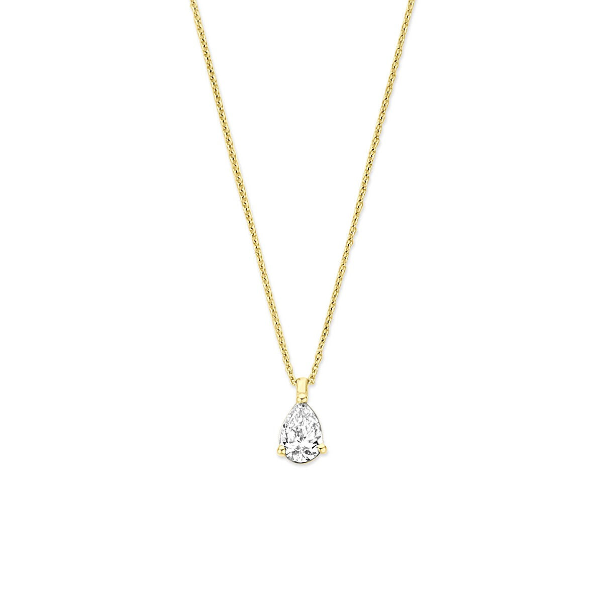 14k gouden ketting met een druppelvormige lab grown diamant als hanger.