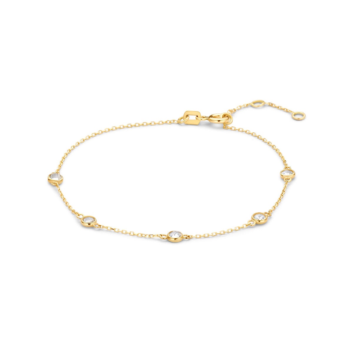 Bracciale in oro giallo 9k con zirconi, caratterizzato da un design delicato e luminoso.
