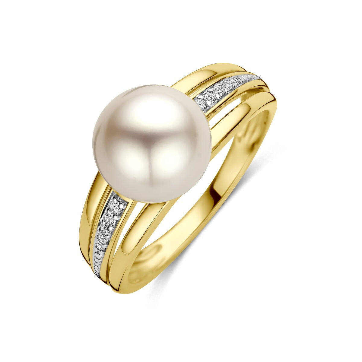 Anello in oro giallo 14k con perla e diamanti, caratterizzato da una finitura lucida e linee eleganti.