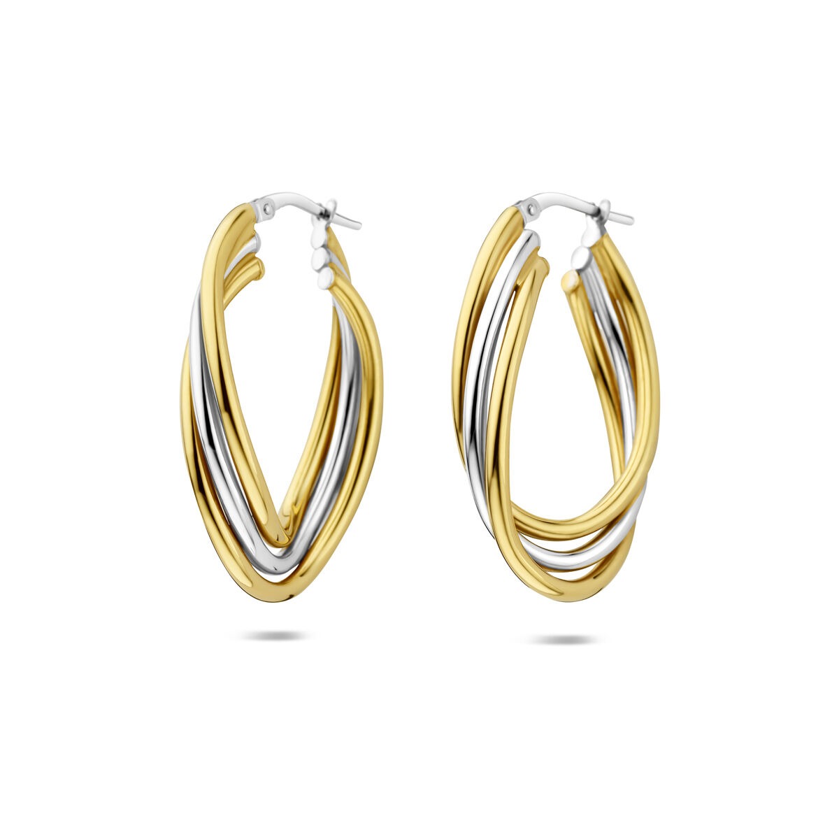 Orecchini ovali bicolore in argento e oro, con un design elegante e fluido.