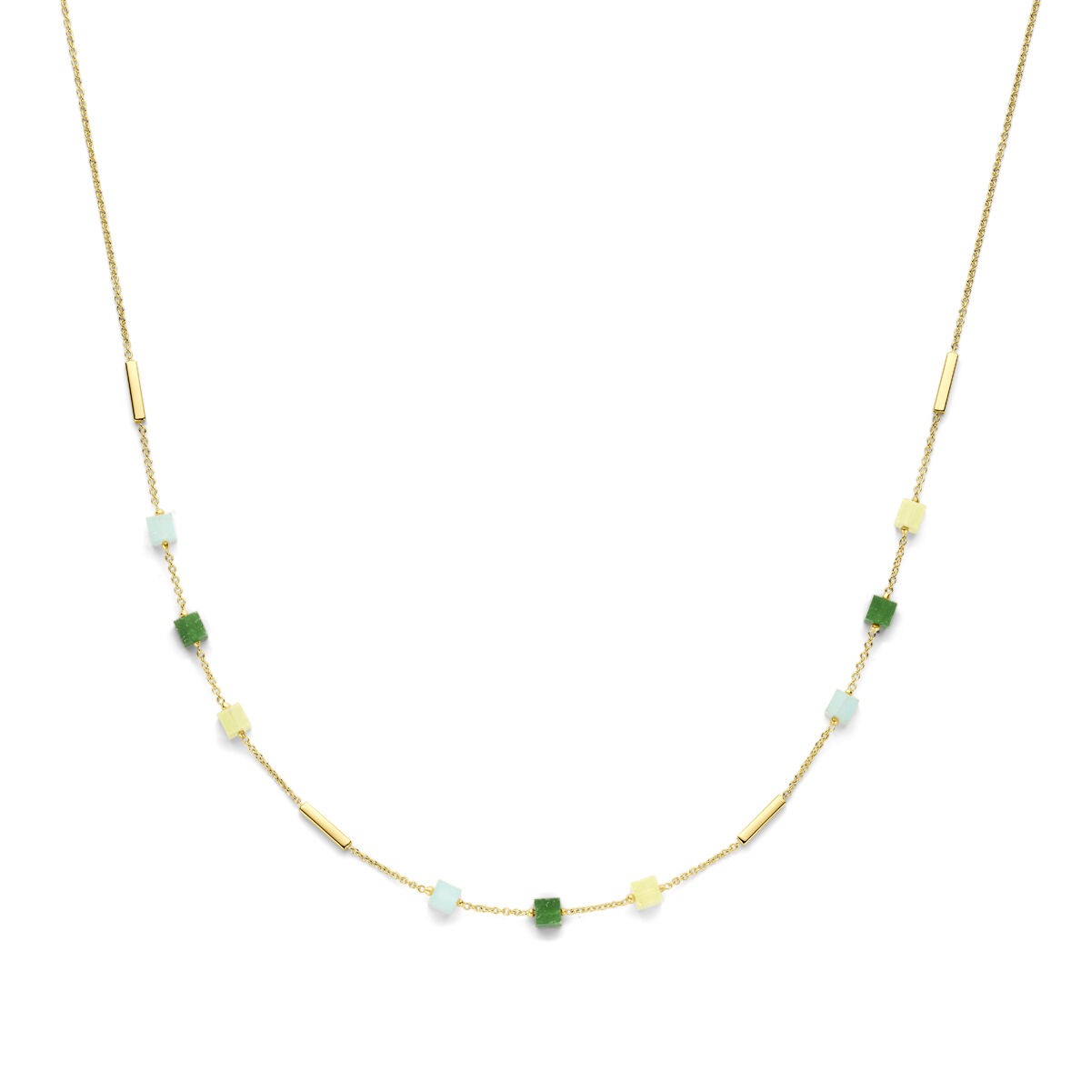 Collana in oro 14k con quarzite blu e verde, composta da gemme colorate e dettagli sottili.