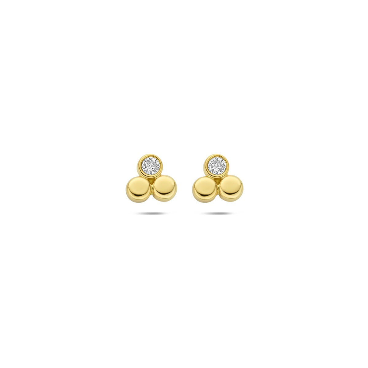 Orecchini in oro giallo 14k con diamante lab-grown da 0,13 ct, design a tre sfere.