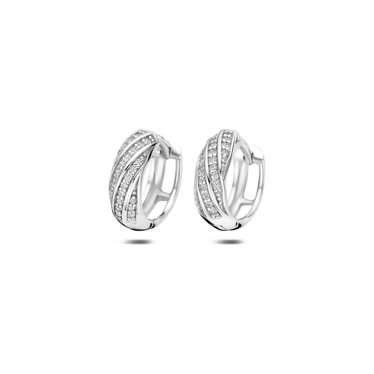 Orecchini alla creola in argento 925 rodiato con zircone, dimensioni 12 x 4,5 mm.