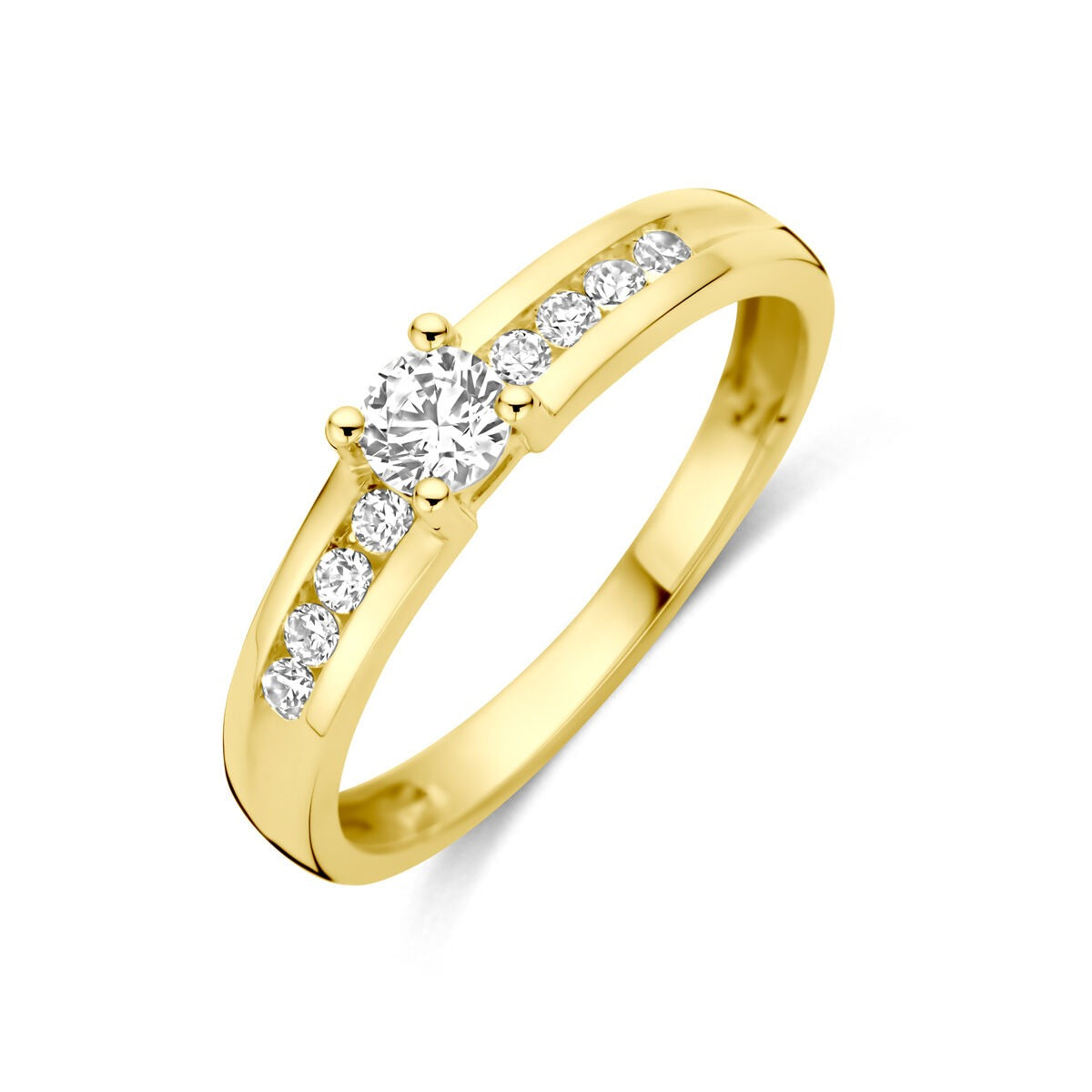 Anello in oro giallo 9k con zirconia, larghezza di 4 mm e design semplice.