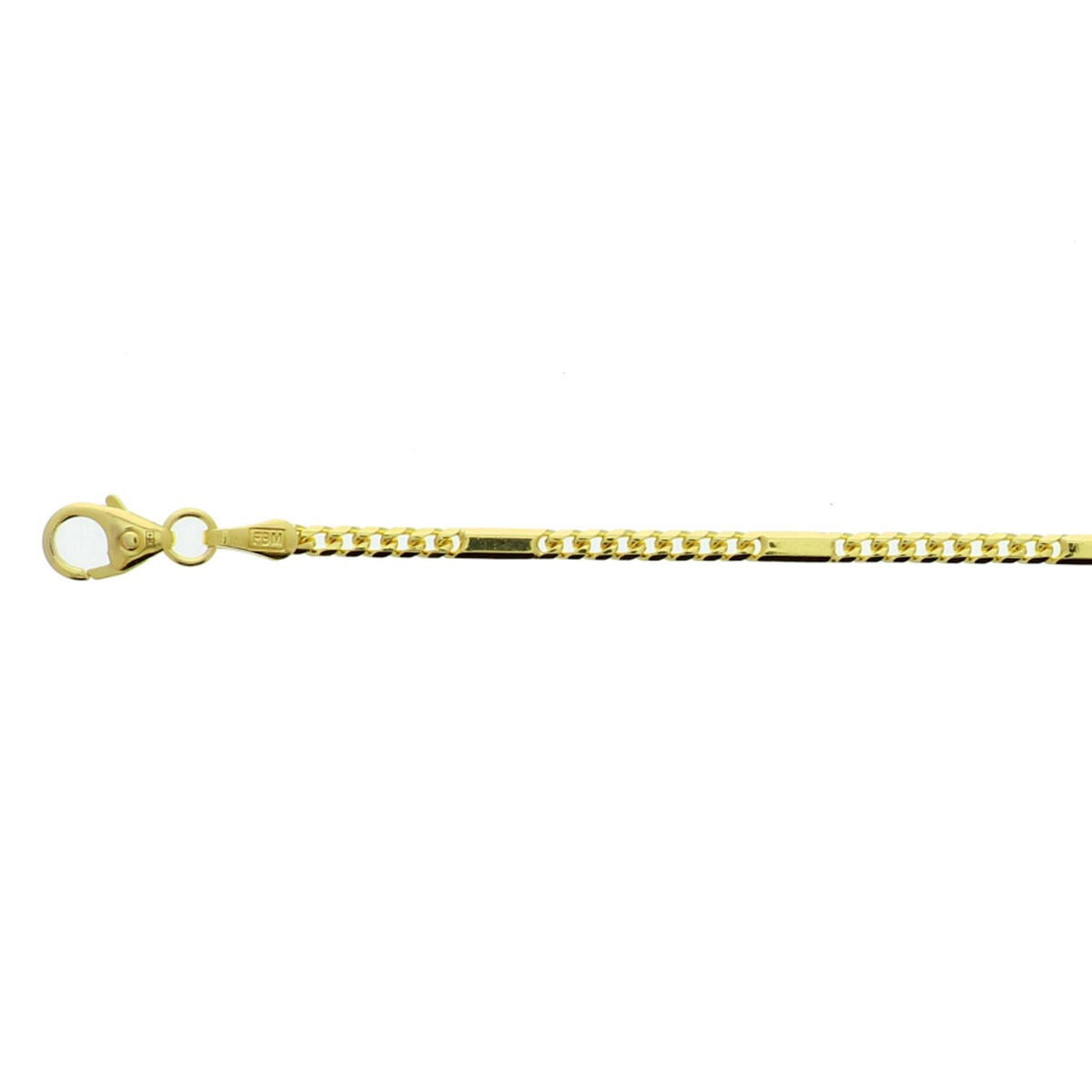 Geelgouden gourmette ketting van 14k met tussenstukken, 2 mm breed, met een karabijnsluiting.