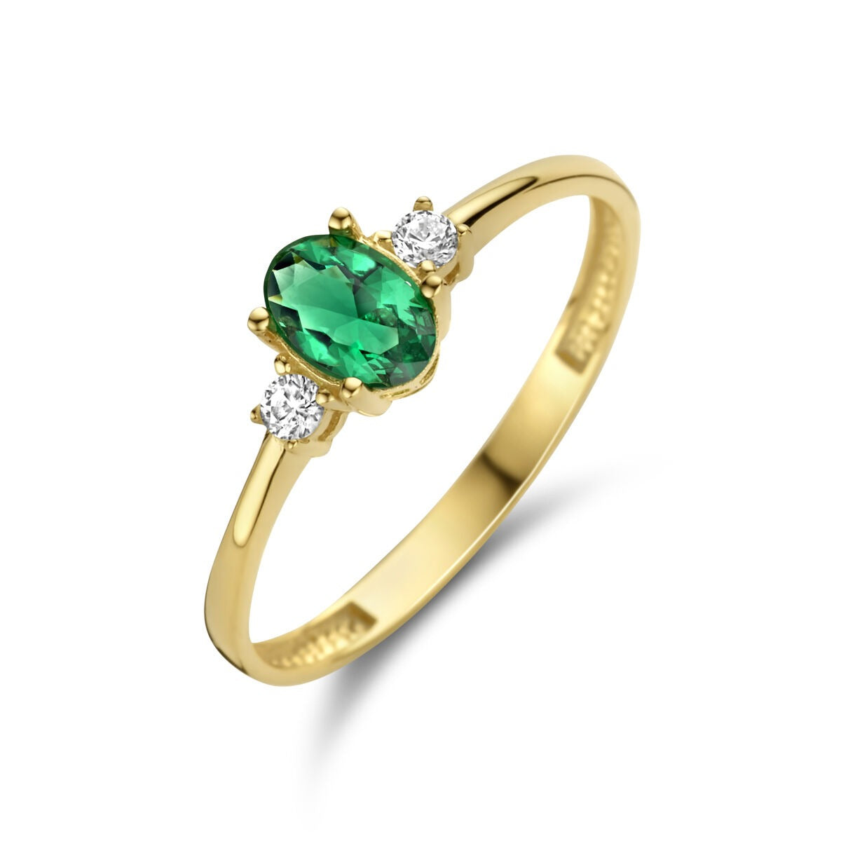 Anello in oro giallo 14k con zircone verde ovale e due zirkonie bianche laterali.