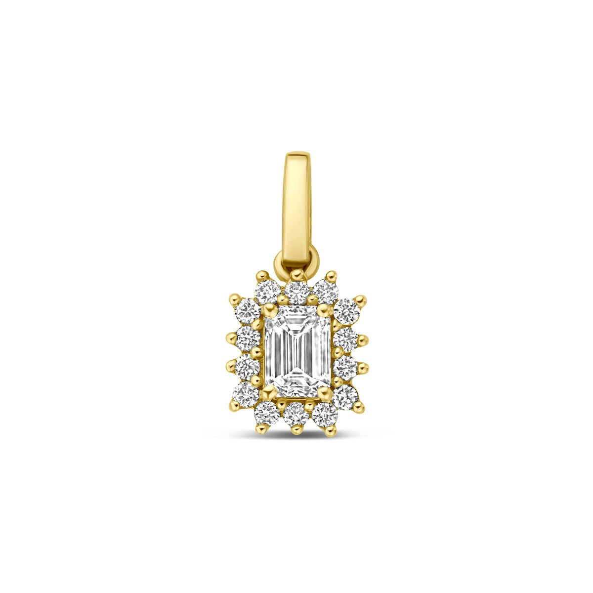 Pendente in oro giallo 14k con diamante lab-grown e pietre brillanti circondanti.