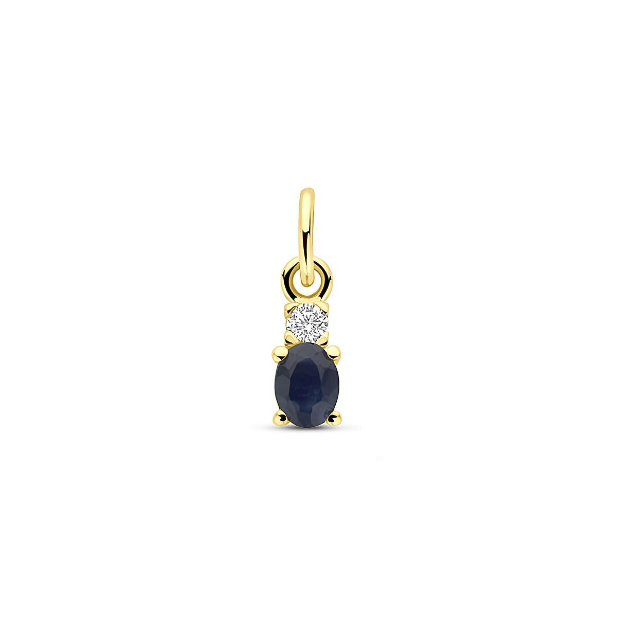 Ciondolo in oro giallo 14k con zaffiro ovale e zirconi, misura 12 mm.