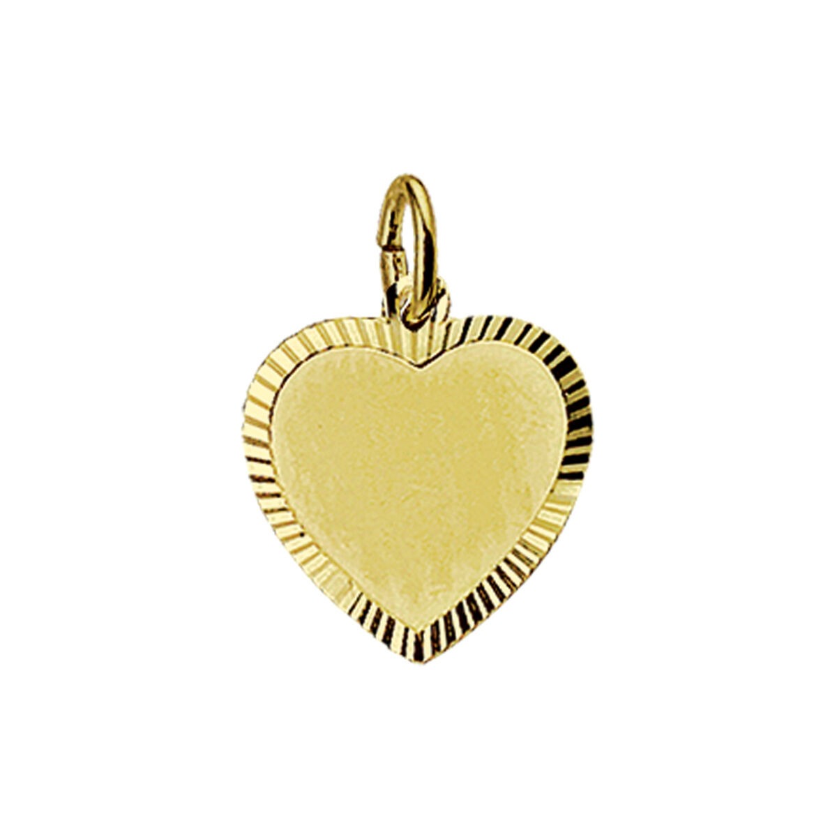 Ciondolo a forma di cuore in oro giallo 9k, con finitura diamantata e bordi rigati.