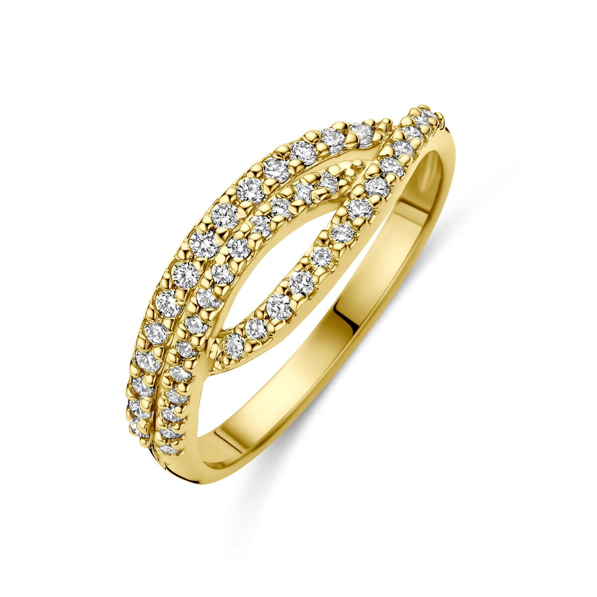 Anello in oro giallo 14k con diamanti lab grown, design intrecciato con pietre brillanti.