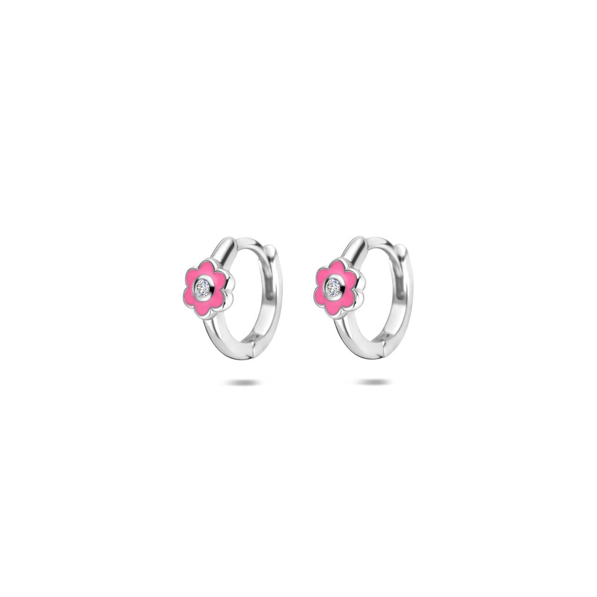 Orecchini alla creola in argento 925 rodiato con fiore rosa e dettaglio brillante.