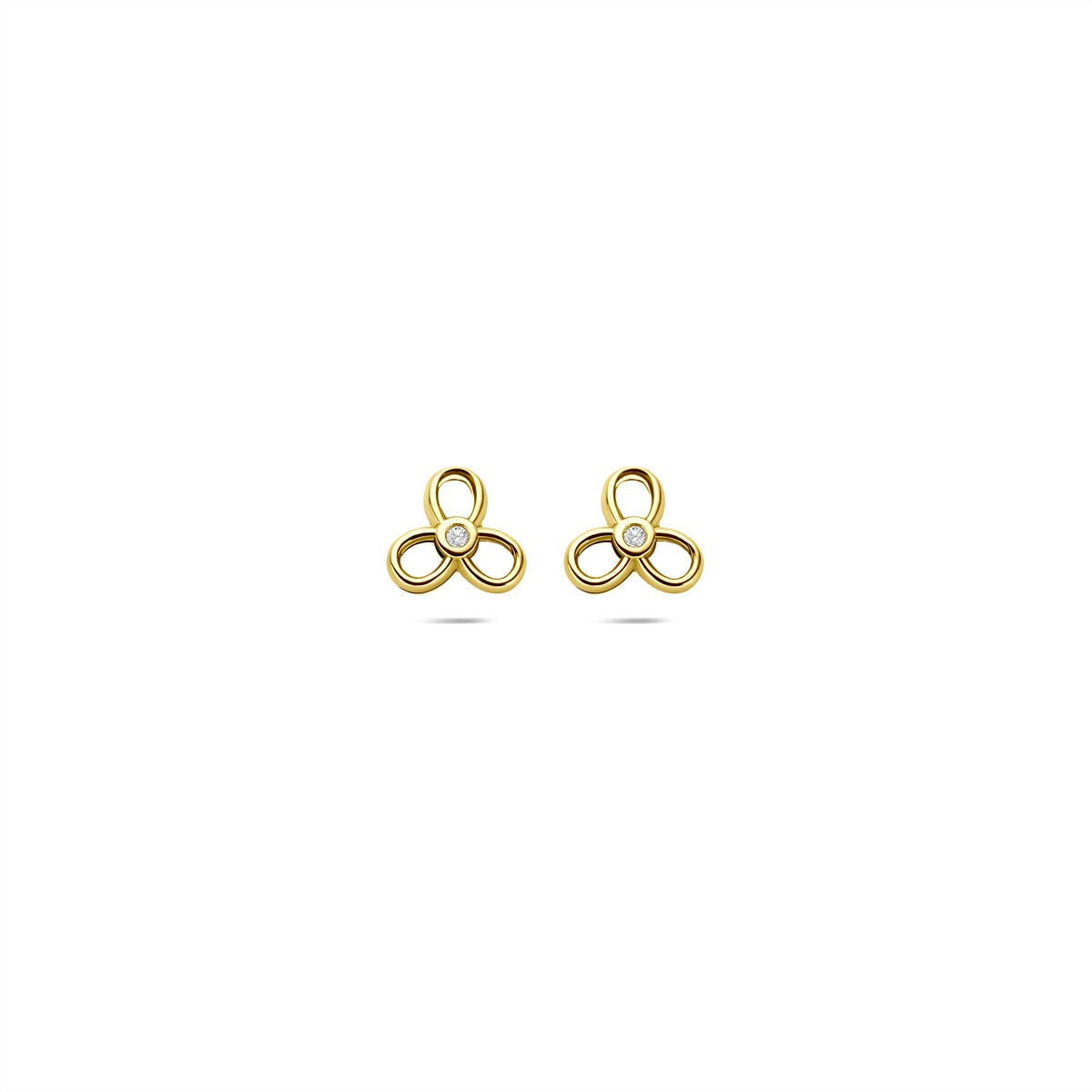 Orecchini in oro giallo 9k con zircone, forma a trifoglio, dimensioni 6x6,5mm.