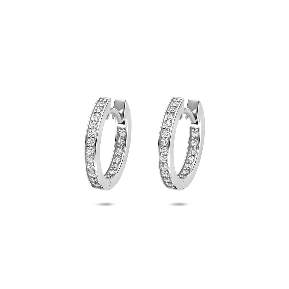 Orecchini alla creola in argento rodiato 925 con zircone, diametro 15 mm.