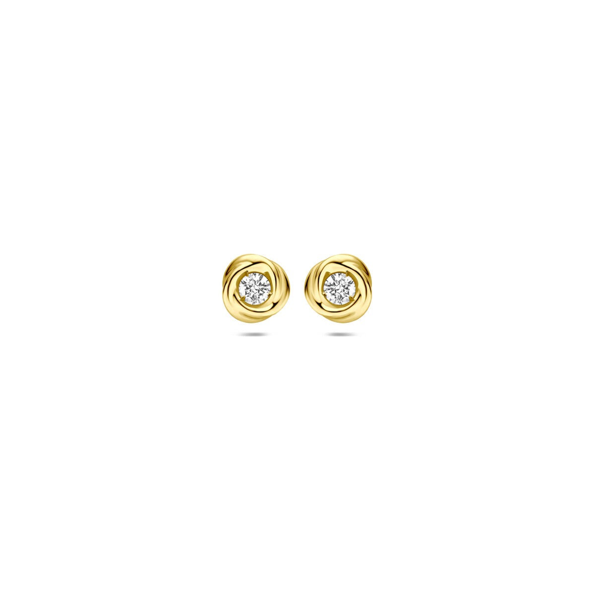 Orecchini in oro giallo 14k con diamante lab-grown incastonato in una montatura rotonda.