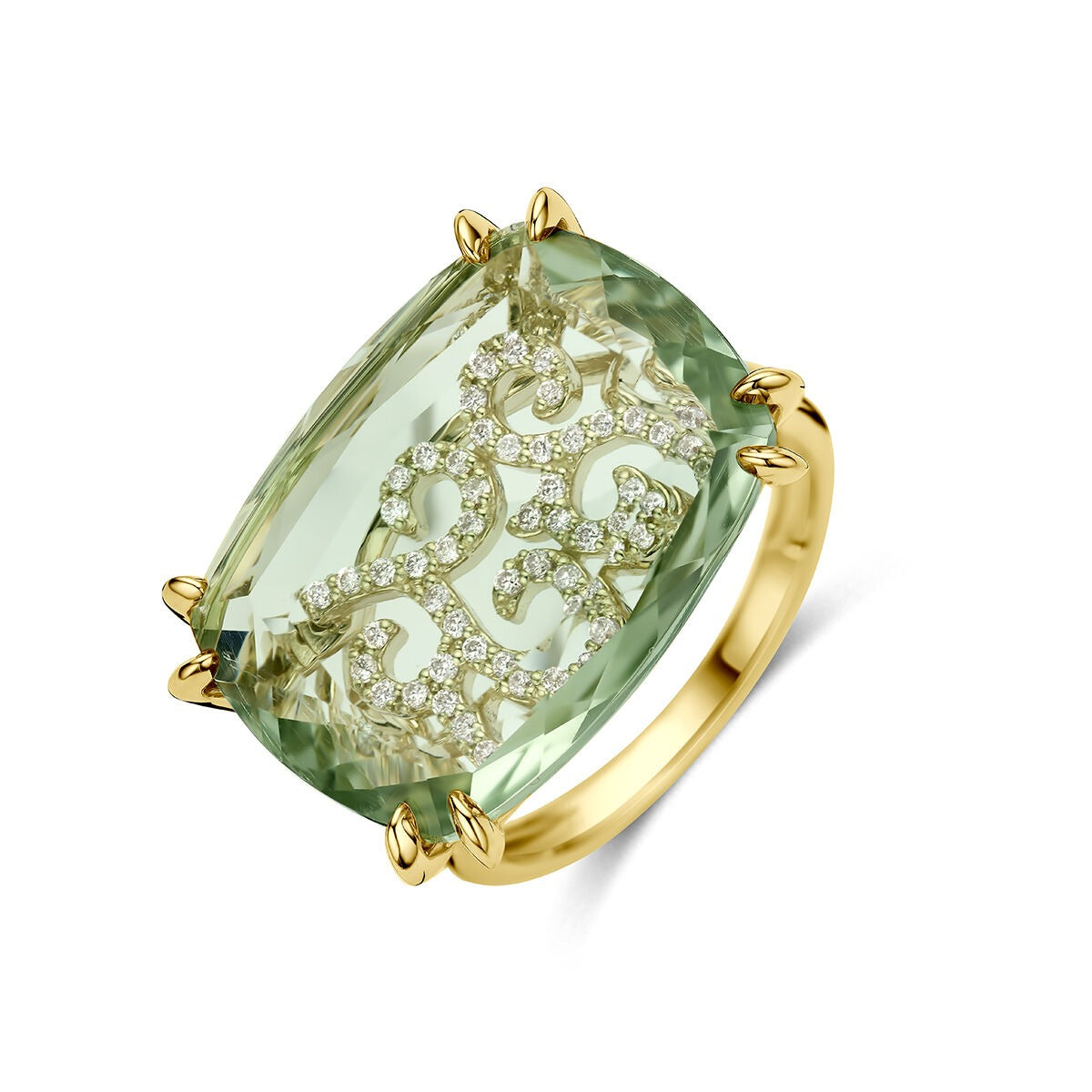 Anello in oro giallo 14k con ametista verde e diamanti, con una forma ovale e dettagli intagliati.