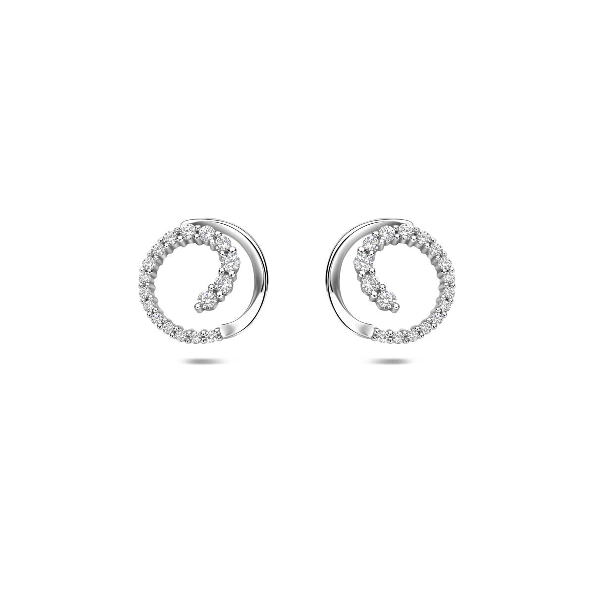 Orecchini in argento con zirconi, forma circolare, diametro di 9,5 mm, finitura brillante.
