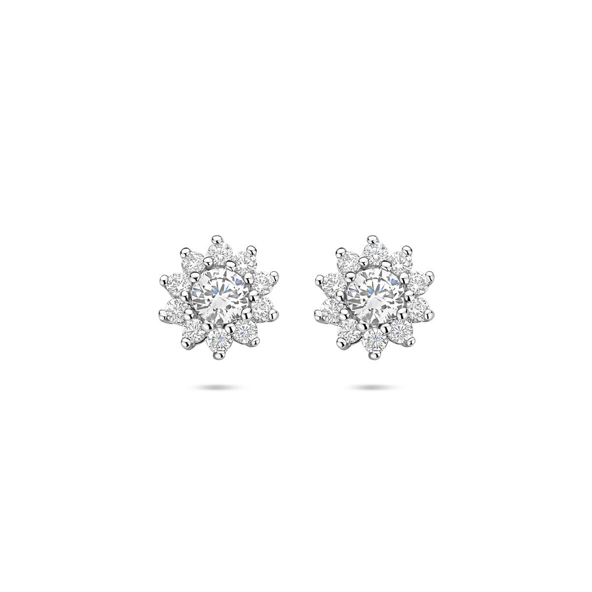 Orecchini in argento 925 rodiato con zirconi, forma rotonda di 8 mm, design a stella.