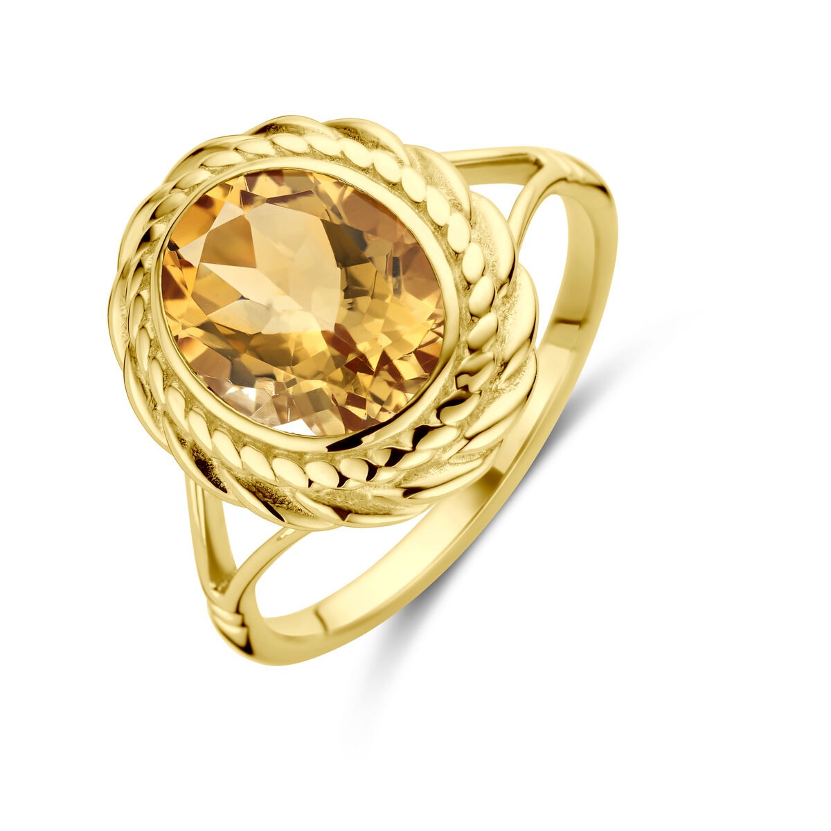 Anello in oro 14k con citrino a forma di briolette, montatura intrecciata.
