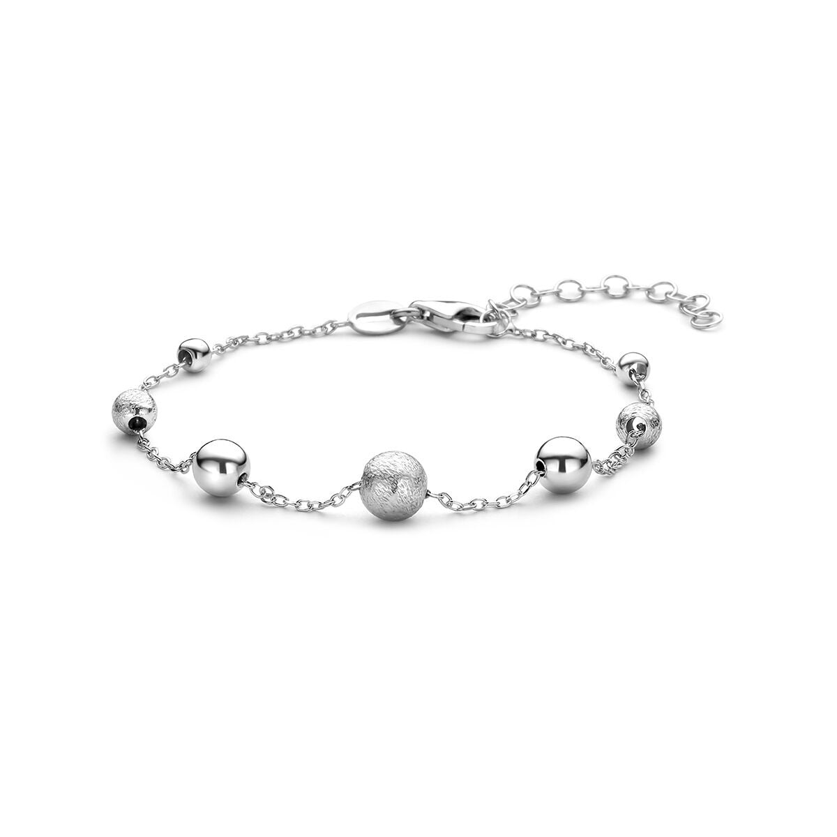 Gerhodineerde 925 zilveren armband met bolletjes in verschillende maten en een sluiting met verlengketting.