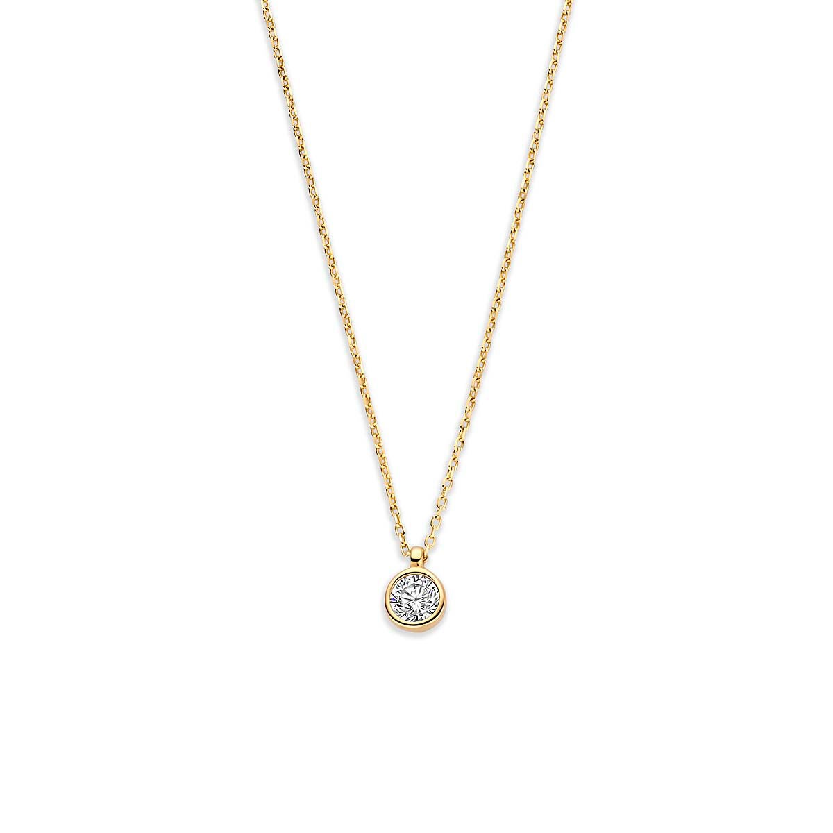 Geelgouden collier van 9k met een ronde zirkonia hanger.