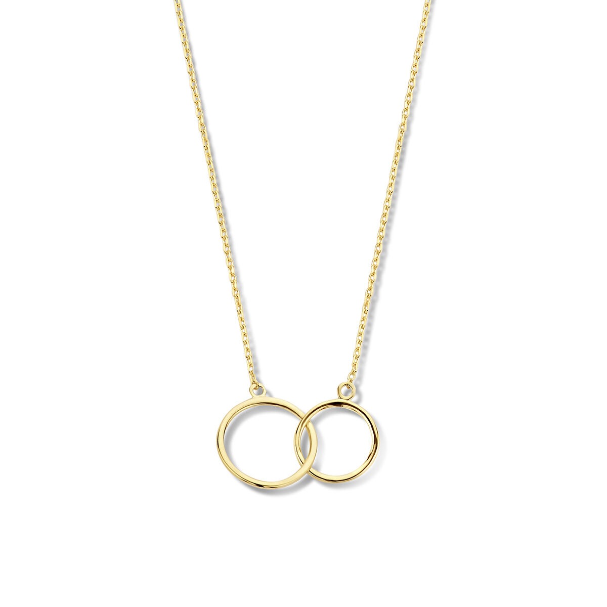Collana in oro giallo 9k con due cerchi intrecciati, lunghezza regolabile da 40 a 44 cm.
