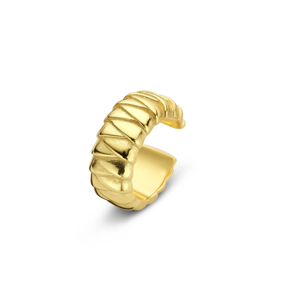 Orecchino cuff in argento dorato con texture a righe, design raffinato senza piercing.