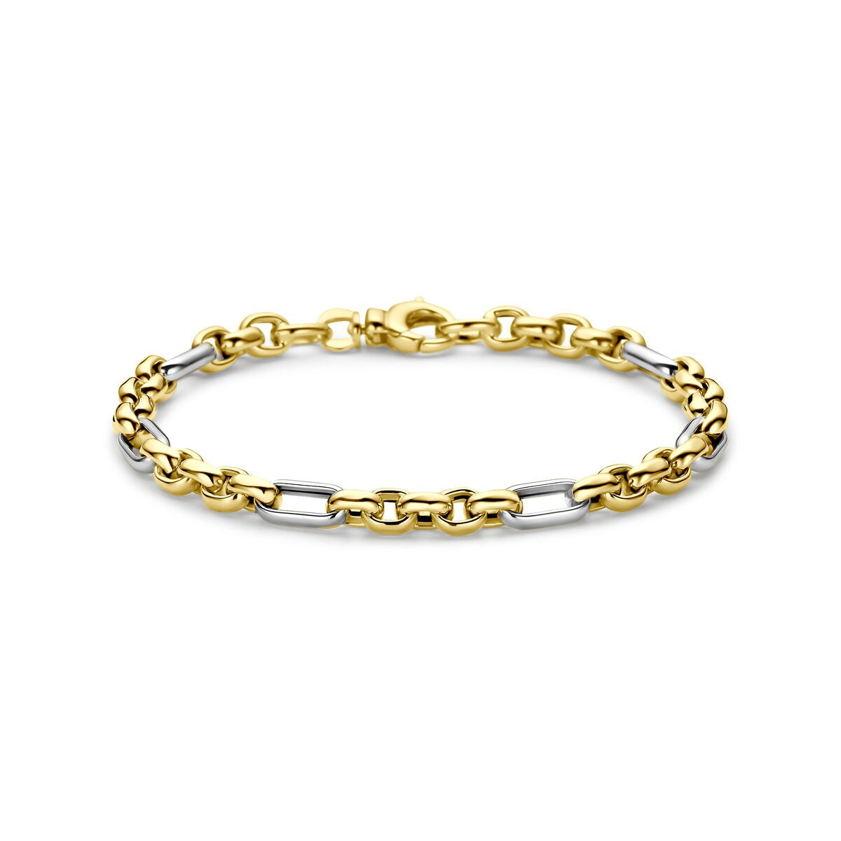 Bracciale in oro bicolore con maglie a forma di ancoraggio.