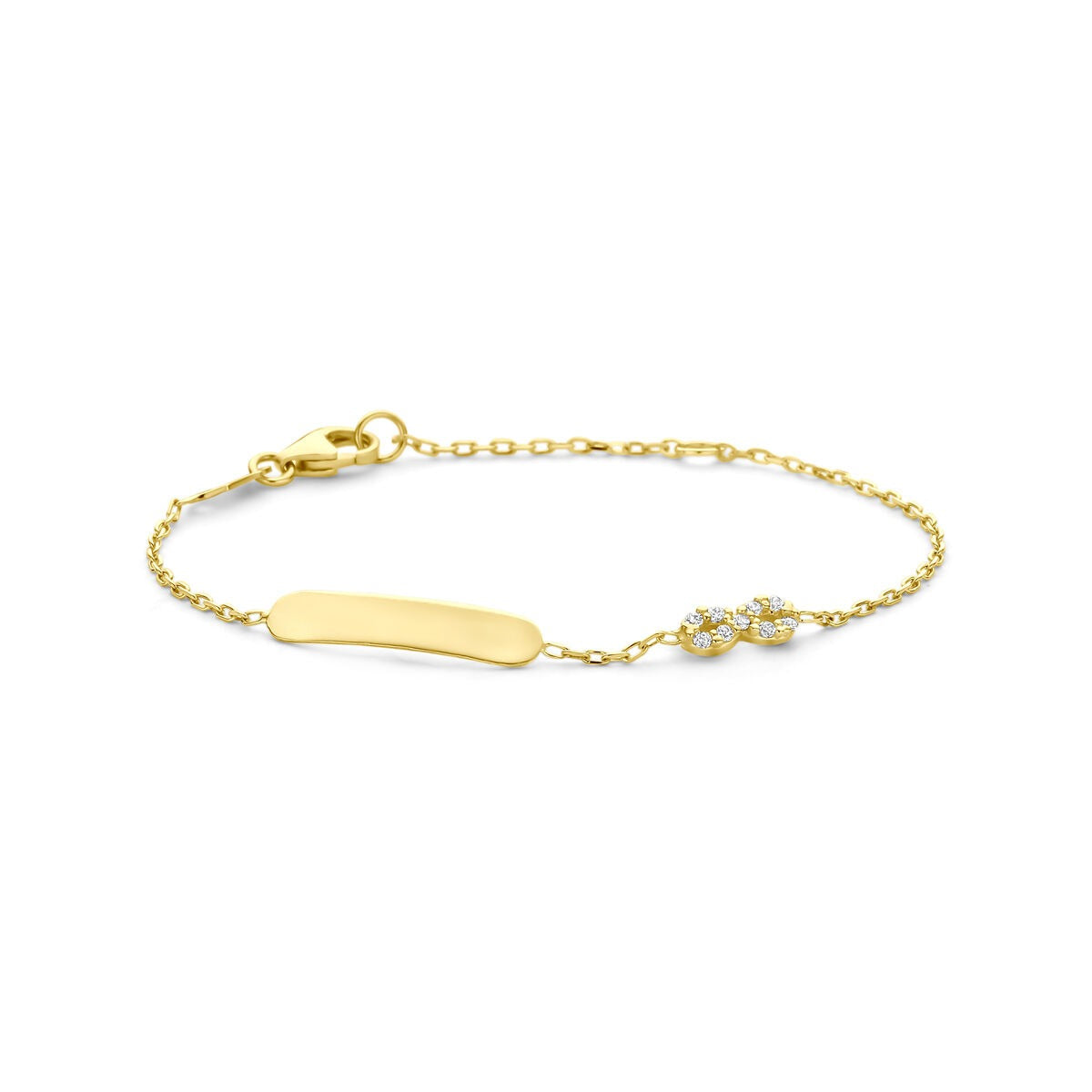 Bracciale in oro giallo 14k con infinito e zirconia, design delicato per bambini.