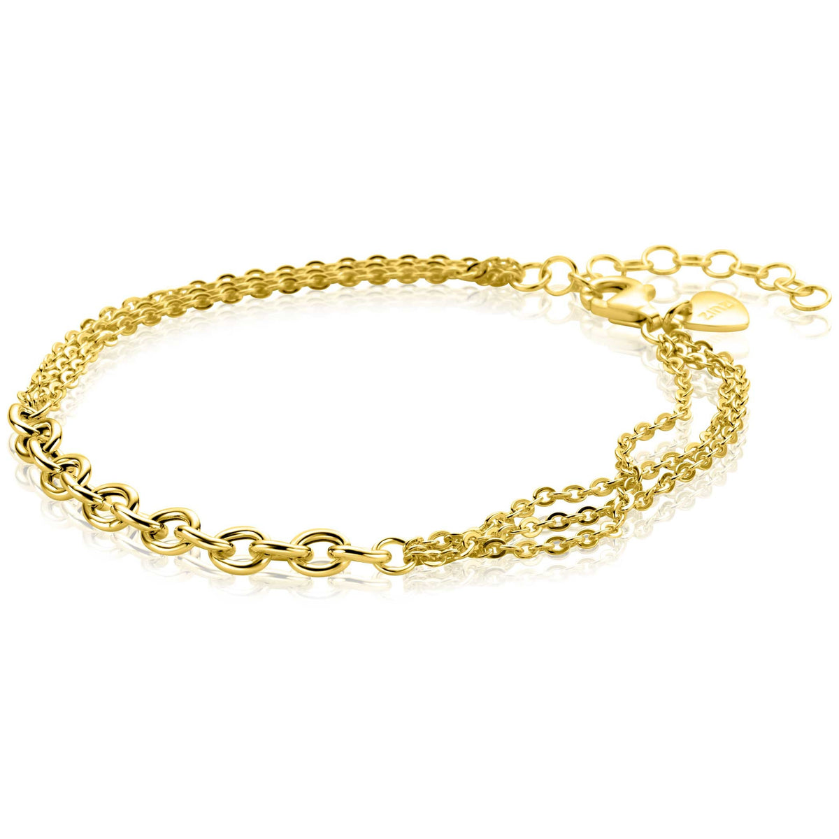 Bracciale in maglia rolò dorata con dettagli a catena e chiusura regolabile.
