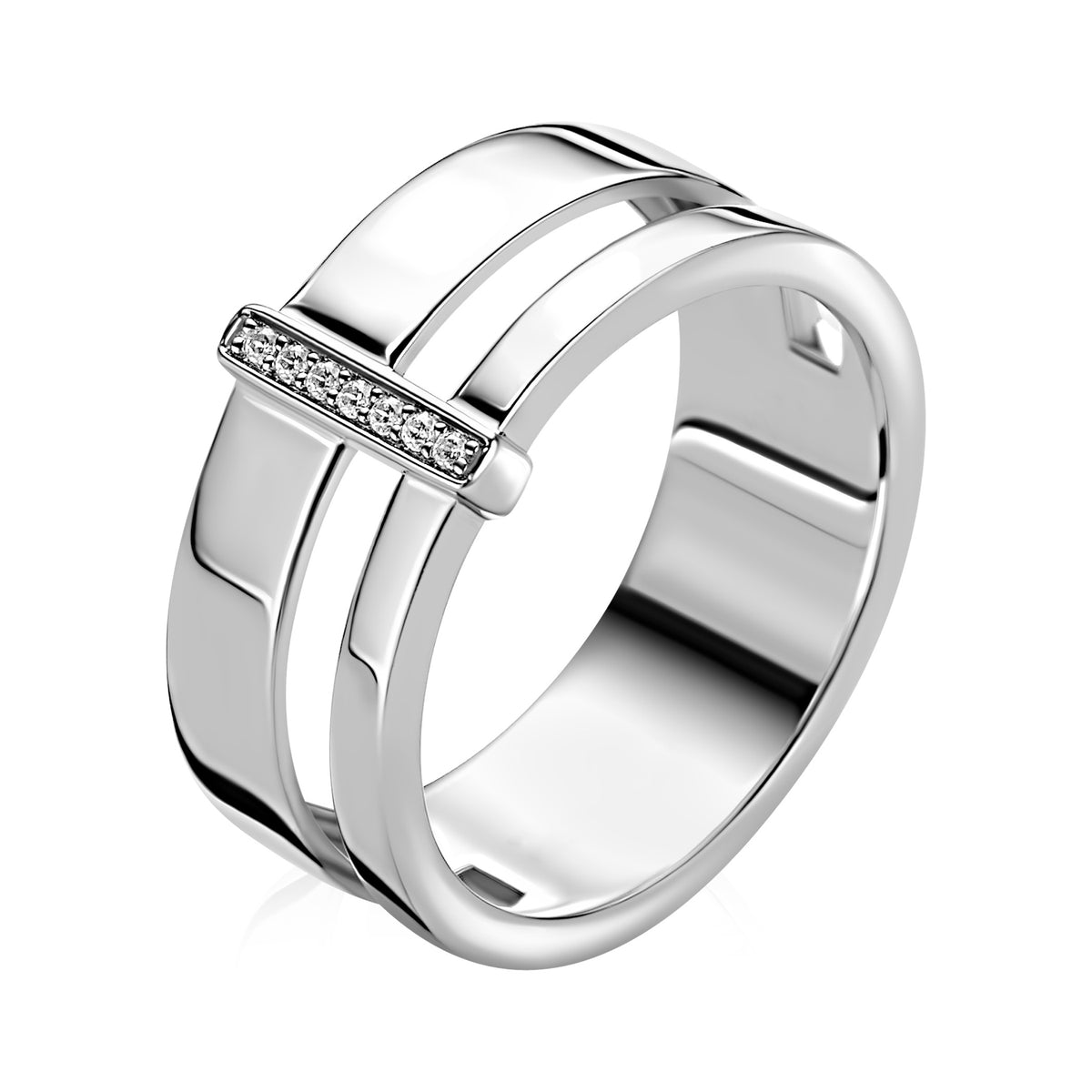 Anello in argento con dettagli incrociati e pietre brillanti.