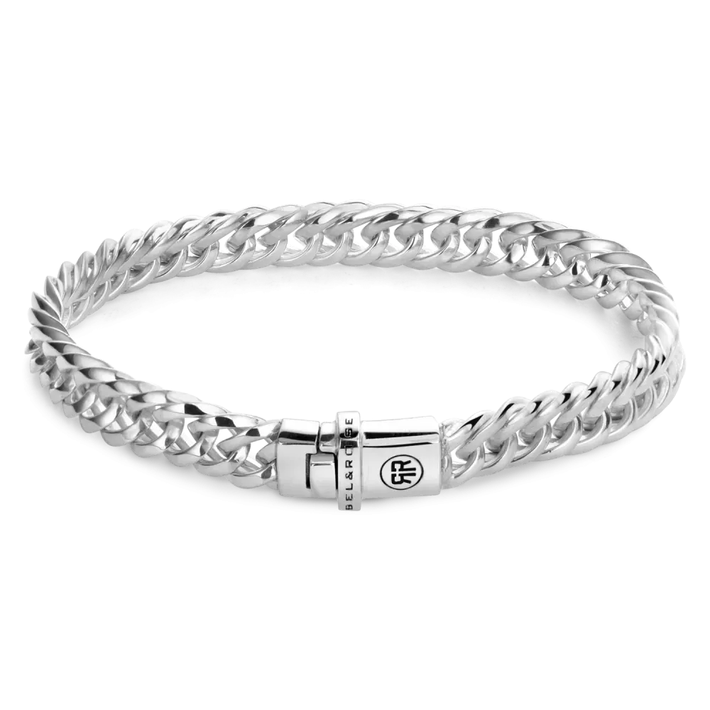 Bracciale in argento 925 con maglia ruvida, chiusura a scatto e design intrecciato.